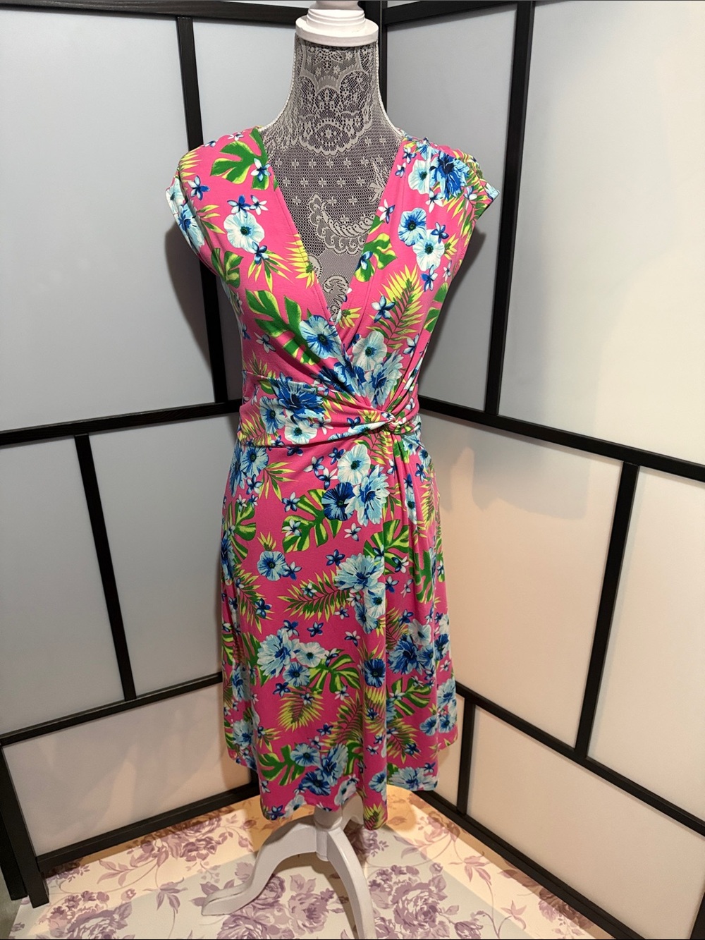 Lands' End Pink Floral Faux-Wrap Midi Dress with Blue & Green Accents